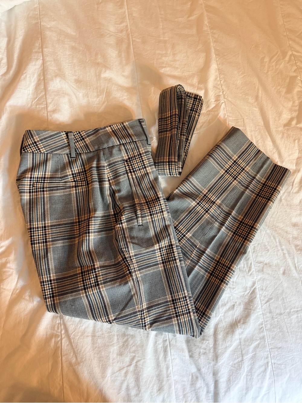 Aritzia Plaid High-Rise Trousers in Gray and Brown